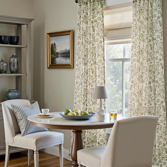 jinchan Linen Floral Curtains for Living Room with Printed Flower 84 Inches Long Light Filtering Farmhouse Window Treatment Vintage Drapes Back Tab Rod Pocket 2 Panels Green on Beige