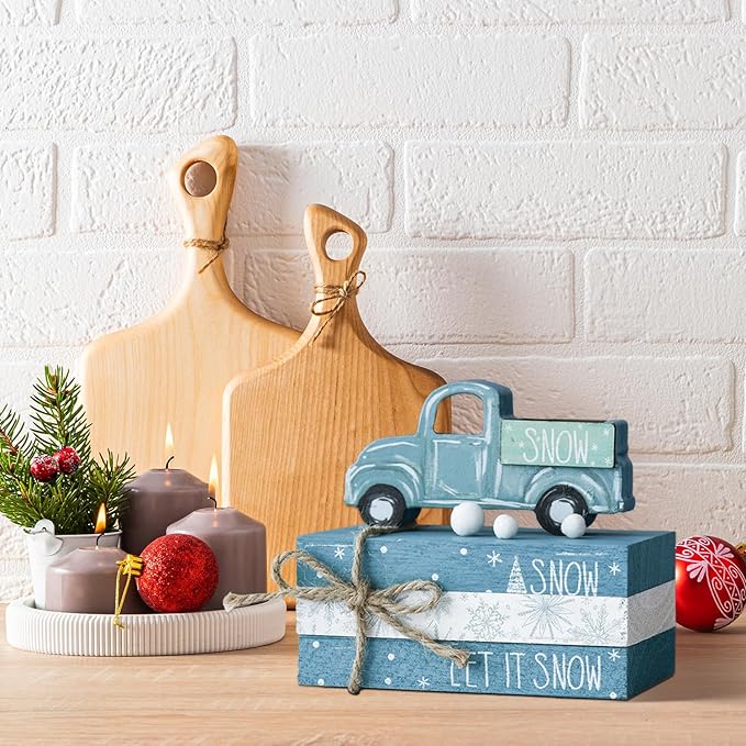 Smile Christmas Wooden Books Stack, Let it Snow Faux Books Bundle, Car Tiered Tray Decorations, for Home Table Mantle Shelf.