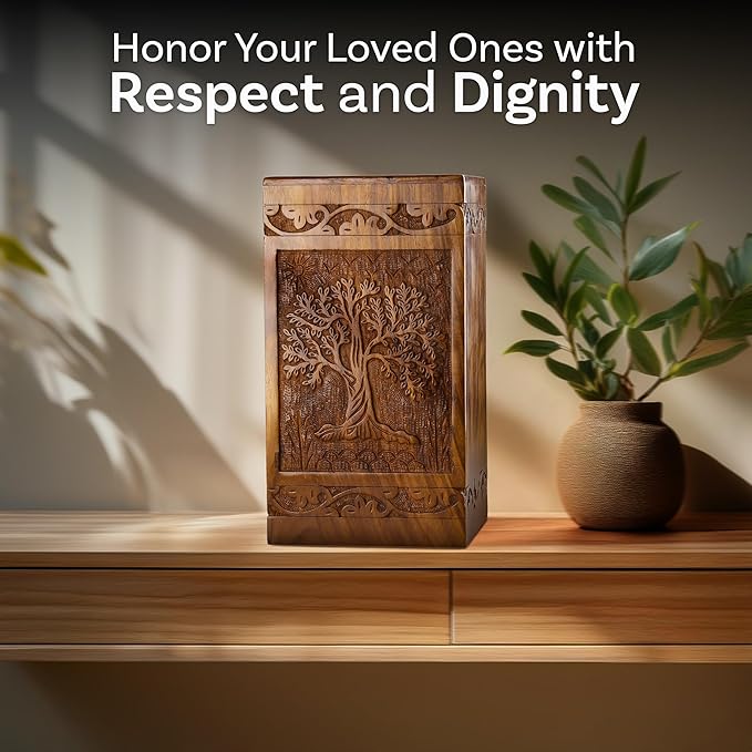 INTAJ Wooden Tree of Life Cremation Urns for Human Ashes – Memorial Urn Box and Casket for Adult Male, Female, Child, or Pets (Cat/Dog) – Burial Funeral Urn Holds Up to 180 Cubic Inches of Ashes
