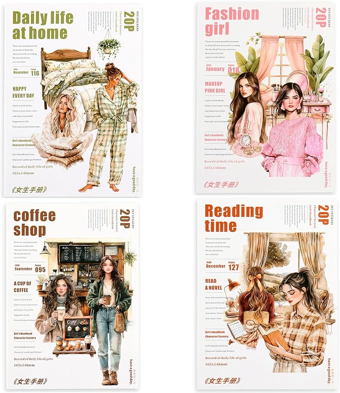 Auguro 4 Books for Girls journaling People Stickers for Scrapbooking 480 Pre-Cut Pet Transparent Stickers for journaling Scrapbooking Supplies