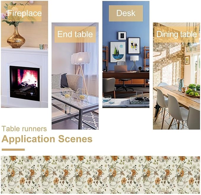 Fall Pumpkin Table Runner Rustic Floral Watercolor Plants White Vegetables Flowers Pastoral Theme Home Decor for Farmhouse Indoor Outdoor Party Holiday Dining Kitchen Restaurant Cafe W13xL90in
