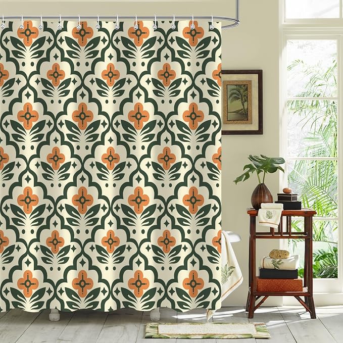 Vintage Boho Floral Shower Curtain，Mid Century Modern Abstract Orange Green Bathroom Curtain，Polyester Fabric Waterproof Bath Curtains 72x84 Inch with 12 Hooks
