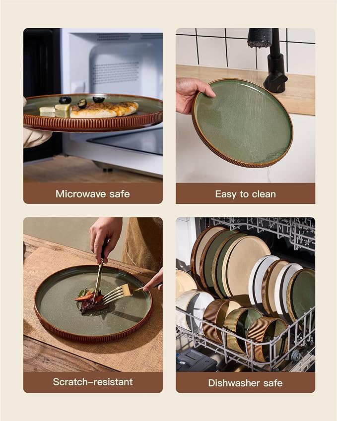 24-Piece Dinnerware Set Service for 8, Famiware Premium Stoneware Dish Set with Ribbed Plates and Deep Bowls, Double Reactive Glaze, Chip & Scratch Resistant, Microwave & Dishwasher Safe, Moss Cocoa