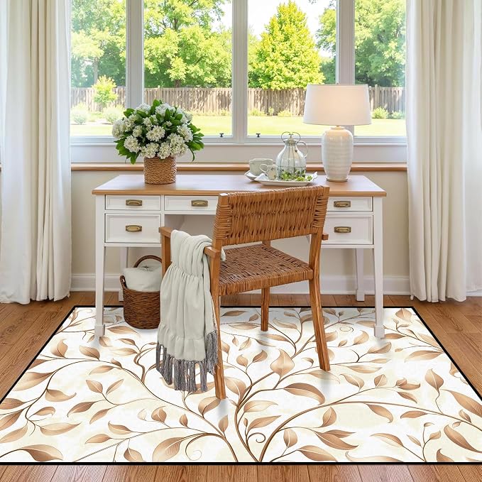 Botanical Leaf Vine Area Rug Beige Floral Branch Print Rug for Entryway Bedroom Living Room Kitchen Home Decor Non-Slip Washable Floor Mat Modern Farmhouse Carpet,3'x5'
