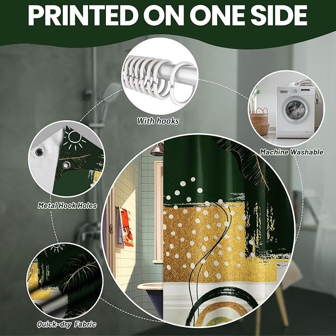 Extra Long Shower Curtain 96 Inchs Extra Tall Green and Gold XL Abstract Leaf Shower Curtains for Large Bathroom Decor Sets, Waterproof Cloth Fabric with Hooks, 70 x 96 Inch