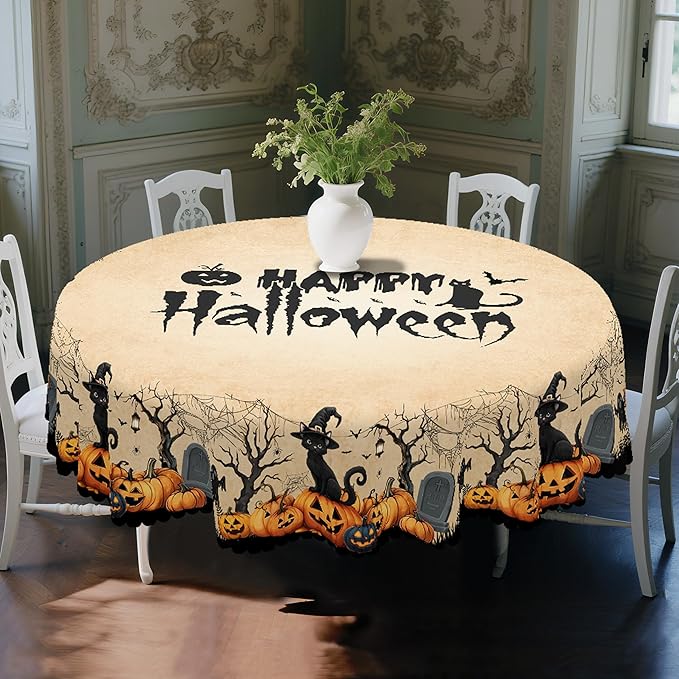 Eikione Round Tablecloth 60inch, Tablecloth Pumpkin Bat Waterproof and Wrinkle-Free, Table Covers, Summer Decorations for Home Dining