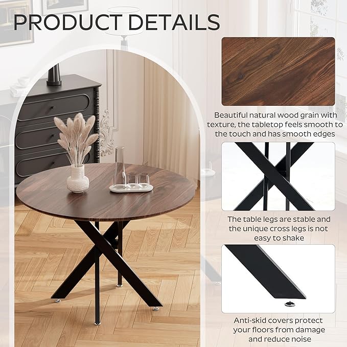 RGZ Mid Century Walnut Round Dining Table Set for 2, 36" Small Wooden Circle Kitchen Table & 2 White PU Leather Kitchen Chairs, Dinner Table Set for Home, Apartment, Dining Room