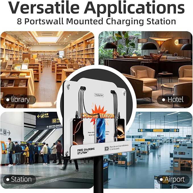 8-Port Wall Mounted Charging Station with Universal Cables – Fast Charging Dock for iPhone, Android & Type-C Devices – Perfect for Office, Airport, Hotel & School Use (White)