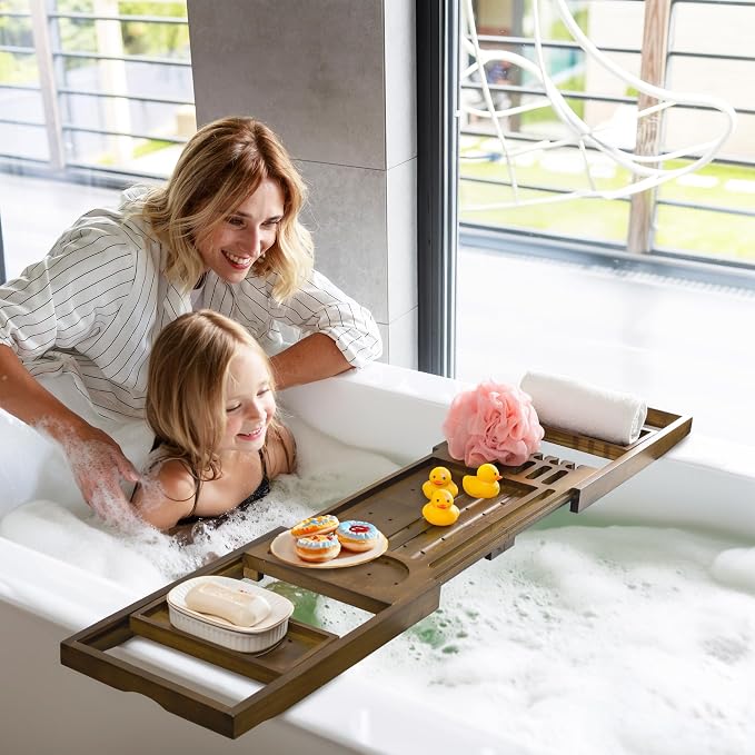Luxury Teak Bathtub Tray - Foldable Bath Caddy with Expandable Handles, Wine Glass & Phone Holder, Book Stand - Enhance Home Spa Experience with Natural Material - Relaxing & Reading, Light Walnut