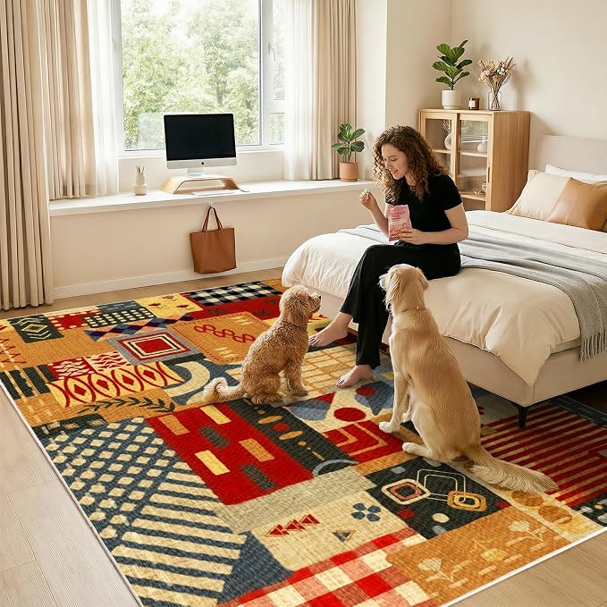 Washable 4x6 Vintage Patchwork Area Rug, Boho Tribal Geometric Colorful Rugs for Living Room, Non-Slip Low Pile Indoor Carpet, Vintage Rustic Rug for Dining Room Bedroom Office Entryway Decor