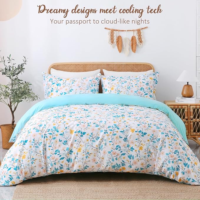 LONAVA King Botaincal 3 Pcs Duvet Cover Set, Breathable Soft Microfiber Sky Blue Lining Comforter Cover with Zipper Closure, and 2 Anti-Pilling, Fade Resistant Pillowcases, Sky Blue Flower