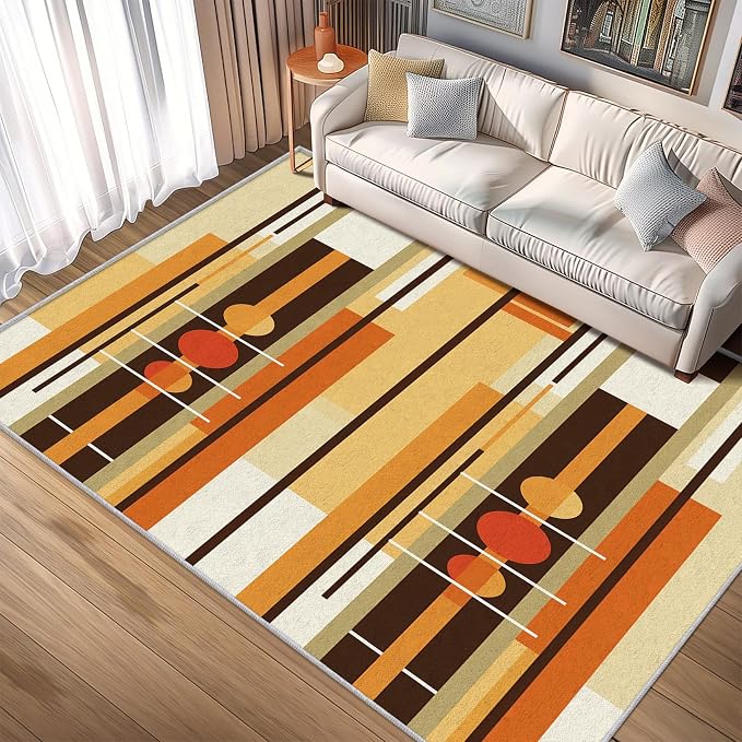 Contemporary Geometric Rug 6x8, Washable Retro Stripe Rugs for Living Room Bedroom, Mid Century Modern Area Rug for Home Decor, Non Slip Backing Floor Carpet with Gripper - 6 x 8 ft