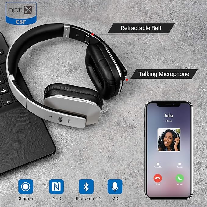 August EP650 Bluetooth Wireless Over-Ear Headphones with aptX Low Latency, NFC, Multipoint Pairing, Wired Option, Built-in Microphone - Silver