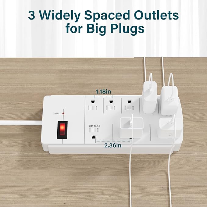 Elecan Surge Protector Power Strip with 4 Ft Extension Cord, 8 Widely Spaced Outlets with Safety Cover, 45 Degree Flat Plug Wall Mountable Multi Outlet Extender, Heavy Duty 14AWG, 1200J/125V,ETL-White