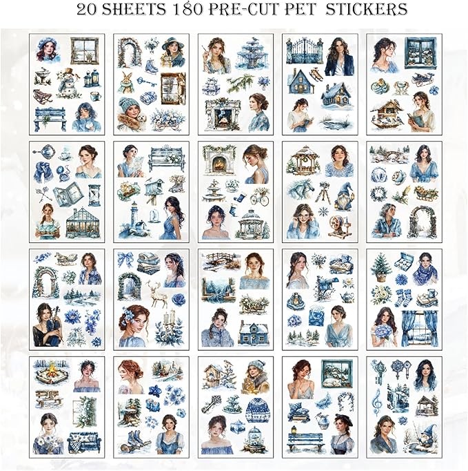 Auguro PET 20 Sheets 180 Pre-Cut Winter Stickers for Scrapbooking People Landscape Stickers Scrapbook Supplies Transparent Sticker for journaling