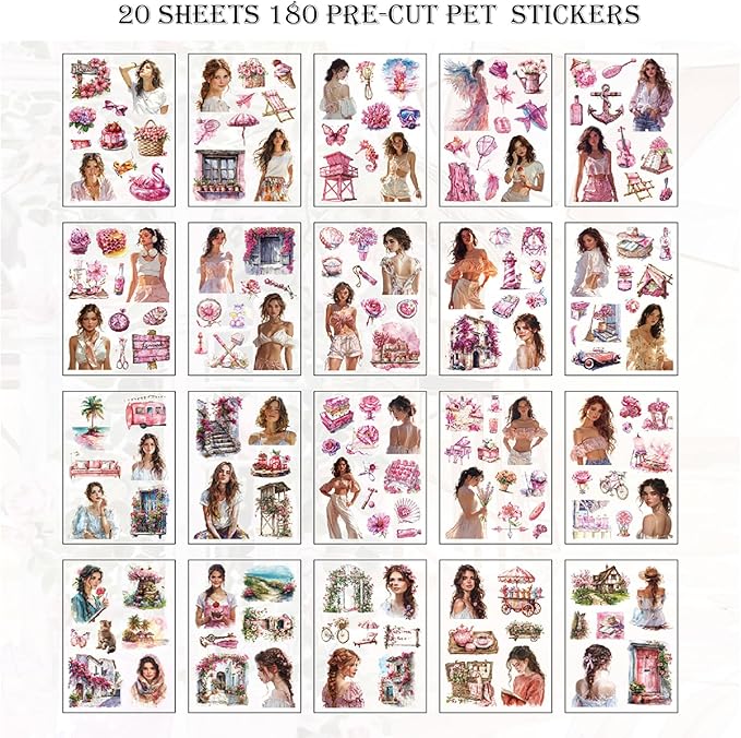 Auguro PET 20 Sheets 180 Pre-Cut Summer Stickers for Scrapbooking People Beach Scrapbook Sticker Transparent Stickers for journaling Junk journaling Supplies