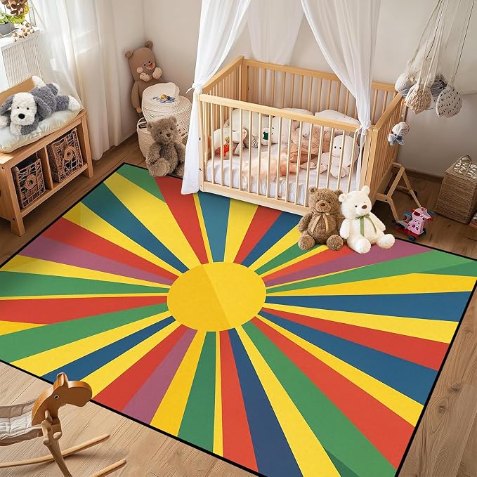 Rainbow Sunburst Area Rug Colorful Geometric Sun Carpet Soft Non-Slip Washable Floor Mat for Entryway Bedroom Living Room Nursery Playroom Classroom Home Decor,2'x3'