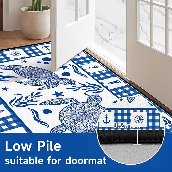 Sea Turtle Rug Coastal Ocean Print Floor Mat Blue and White Plaid Area Rug for Bedroom Living Room Nursery Kitchen Playroom Home Decor Non-Slip Washable Carpet,4'x6'