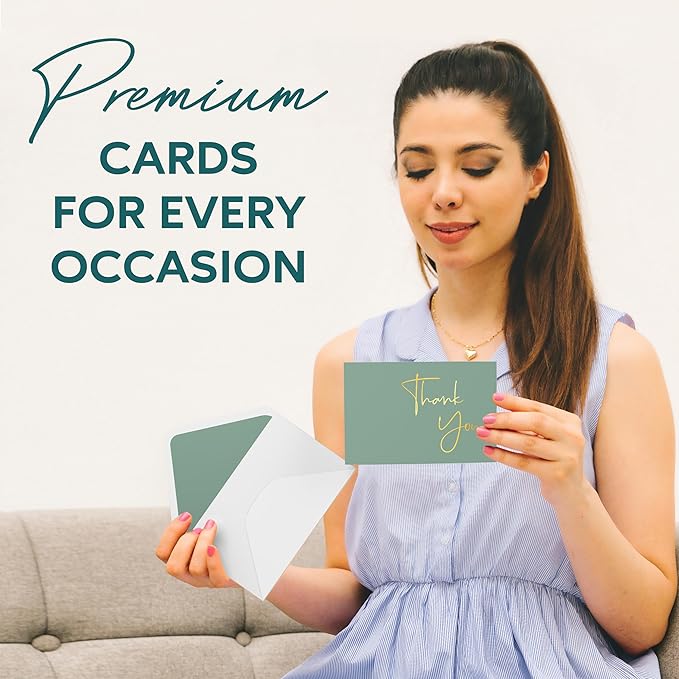 VNS Creations Gold Foil Thank You Cards With Envelopes Bulk Set & Stickers - 100 Pack 4x6 Blank Thank You Notes - Large Note Card Small Business, Wedding, Baby Shower & Bridal Shower - Granite Green