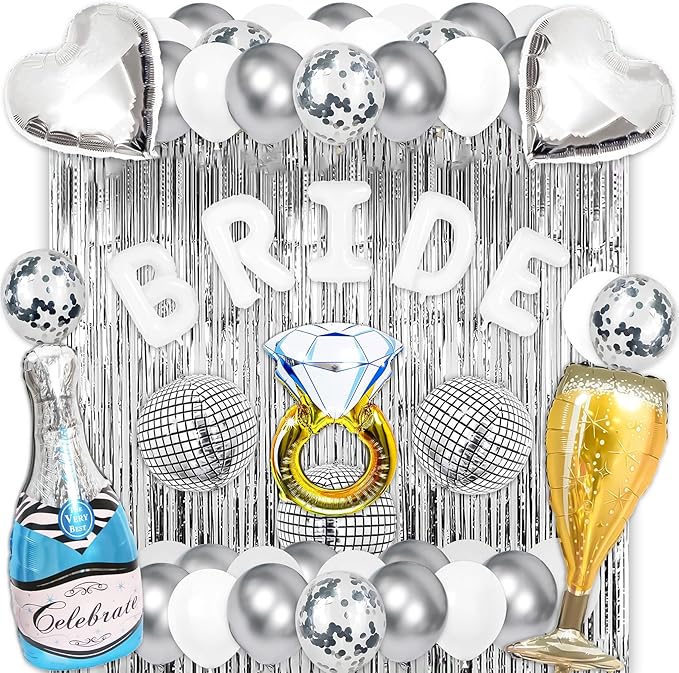 Bachelorette Party Decorations Kit Bridal Shower Balloons Arch Kit Silver Foil Fringe Backdrop Curtains for Retro Boogie Disco Bachelorette Party Decorations (Silver)