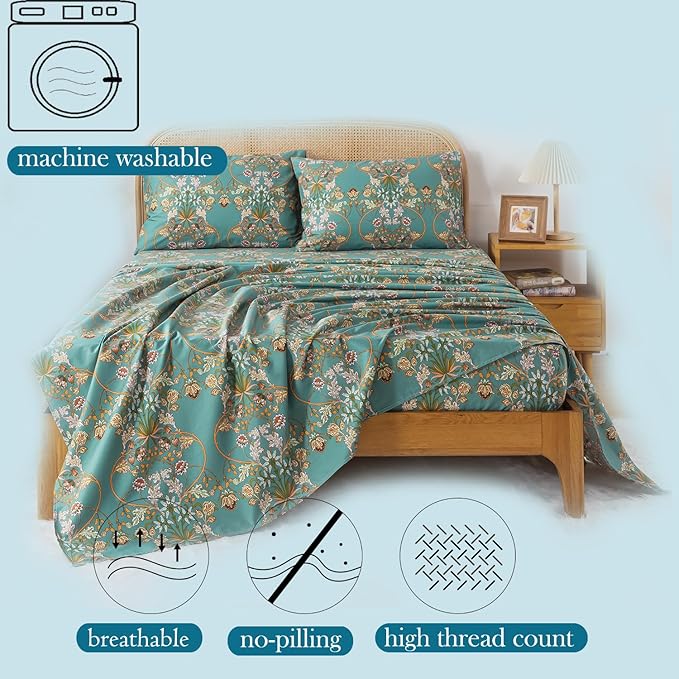 Zusbest Full Size Bed Sheet Set Shabby Vintage Floral Sheets Percale Cotton Chic Teal Blue Orange American Country Style Bedding Luxury Boho Soft Breathable Crisp Bed Deep Pocket Fitted Sheet 4 Piece