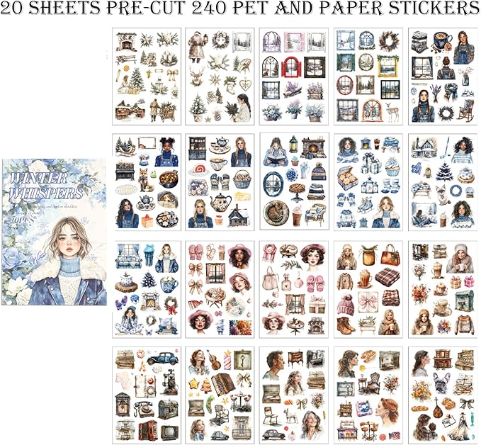 Auguro Winter Scrapbook Stickers 20 Sheets 240 Pre-Cut Washi Stickers for Journaling PET Transparent Book Sticker Decorative or DIY Paper Crafts, Arts and Crafting Projects