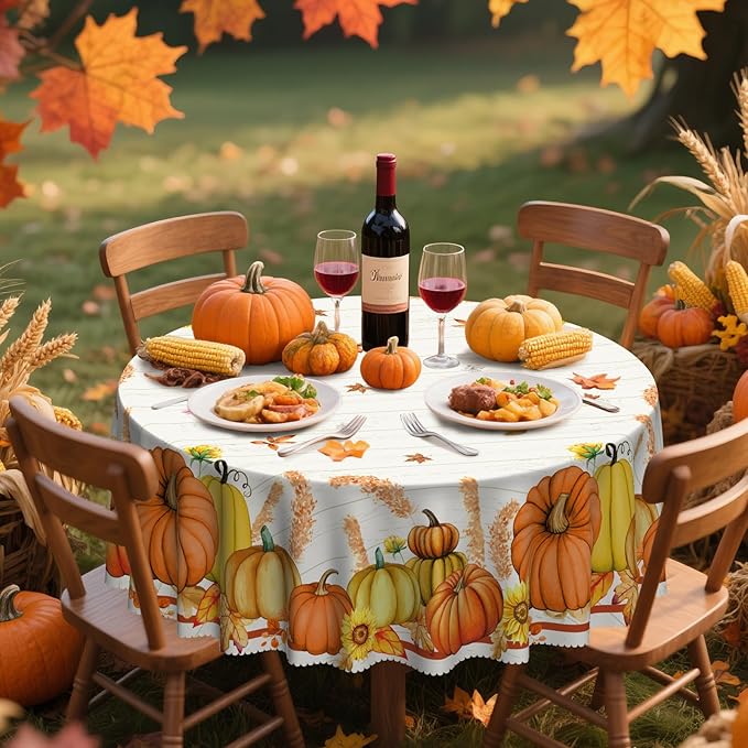 Eikione Round Thanksgiving Tablecloth, Round Fall Tablecloth 60 Inch, Pumpkin Table Cloth, Autumn Harvest for Christmas, Holiday, Birthday, Thanksgiving, Harvest