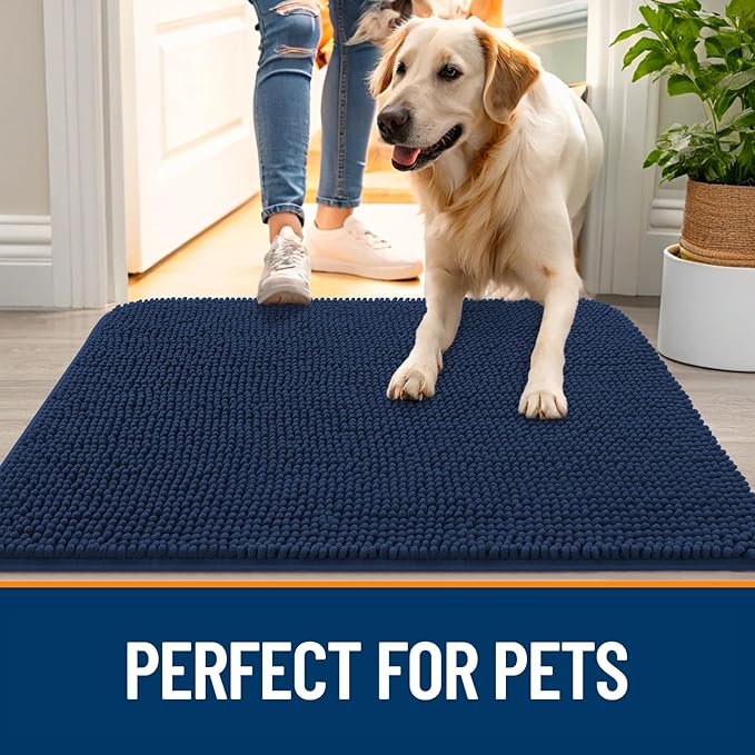 OLANLY Dog Door Mat for Muddy Paws 50x30, Absorbs Moisture and Dirt, Absorbent Non-Slip Washable Doormat, Quick Dry Chenille Mud Mat for Dogs, Entry Indoor Entryway Carpet for Inside Floor, Dark Blue