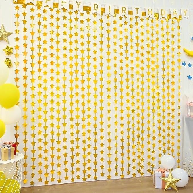 LOLStar 2 Pack Gold Stars Birthday Decorations 3.3X6.6 ft Golden Party Backdrop Foil Fringe Curtains for Christmas Decor New Year Eve 2026 Streamers Wedding Retirment Congrats Photo Booth Props