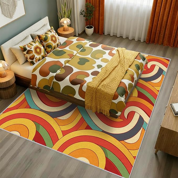 70s Retro Rug Large 7x10 Abstract Striped Groovy Hippie Pattern Area Rugs for Living Room, Bedroom, 70s Retro Home Decor Accessories Indoor Carpet, Non Slip & Machine Washable, GD0331