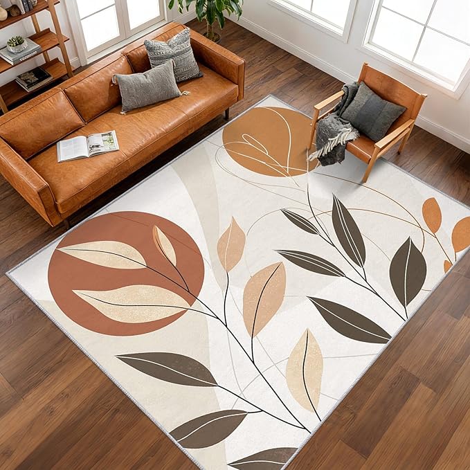 5x6 Abstract Leaves Rugs for Bedroom Decor, Washable Mid Century Modern Pattern Area Rug, Living Room Home Decoration, Non Slip Soft Thin, Modern Botanical Decor Carpet PF-P 117
