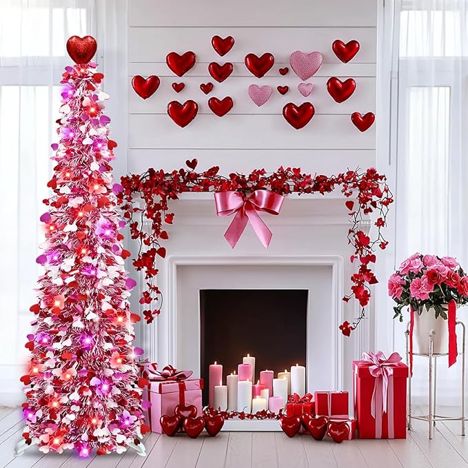 Valentines Day Decorations 5 Ft Valentine's Day Tree with Timer 50 Red & Pink Lights 3 Color Sequin Heart Ornaments Heart Topper Battery Operated Tinsel Pop Up Christmas Tree Home Party Indoor Decor