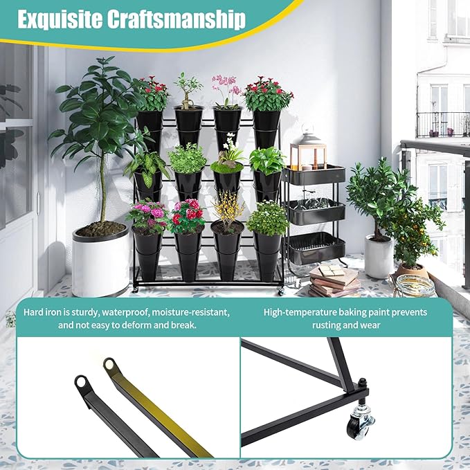 Flower Display Stand with 12 Buckets, 3 Layer Metal Plant Stand Indoor with Wheels, Heavy Duty Moving Flower Cart Flower Rack for Outdoor Patio, Garden, Florist