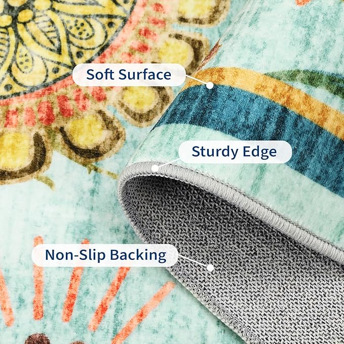 5x7 Washable Area Rug Non Slip Living Room Rugs Modern Floral Small Rug Non Shedding Soft Bedroom Floor Carpet Low Pile Thin Boho Botanical Floral Accent Carpet for Nursery Kitchen Office, Blue