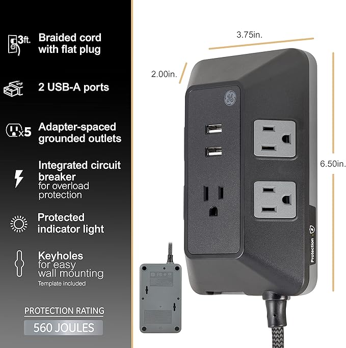 GE UltraPro Adapt 5-Outlet Surge Protector with USB Ports, 2 USB-A Ports, 2.4A, 3ft Braided Cord Power Strip Surge Protector, 560 Joules, Black, 73777