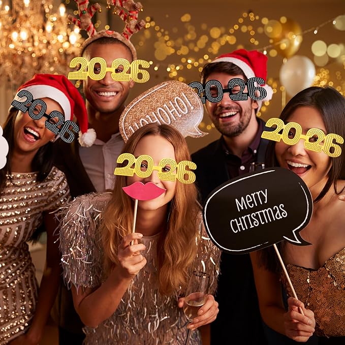Konohan 6 Pcs 2026 New Year Eve Glasses Glitter Number Sunglasses Eyeglasses for New Years Party Supplies Festival Photo Prop (Gold Black)