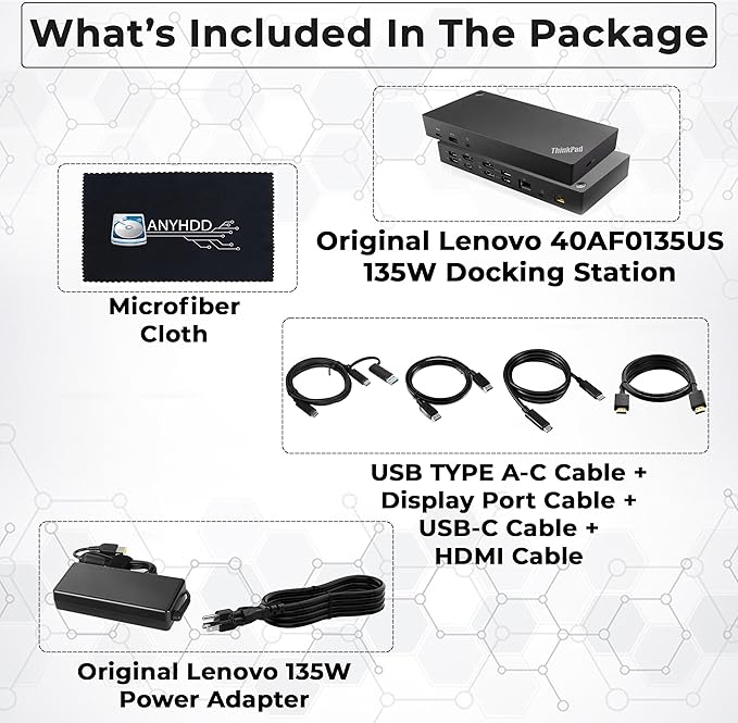 40AF0135US Lenovo Docking Station Dual Monitor Hybrid USB-C with USB-A - 1 Year Warranty, Thinkpad Dock w/ 135W Adapter, HDMI, DisplayPort, USB-C Cable, Cloth - Lenovo Laptop Docking Station