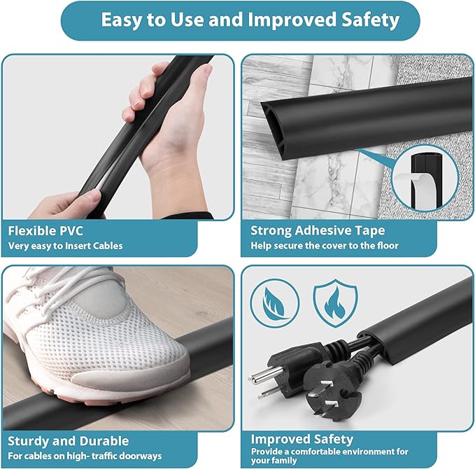 3FT PVC Cord Hider, Black Floor Cord Protector with 0.7 x 0.4 Inch Extension, Soft Wire Covers