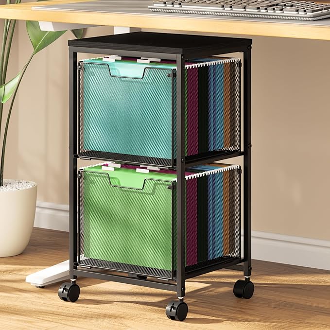 Rolling File Cart with 2 Storage Drawers, File Cabinet with Wheels, Hanging File Folder Organizer, Under Desk Storage, Printer Stand Utility Cart Filing Cabinet for Home Office,Black
