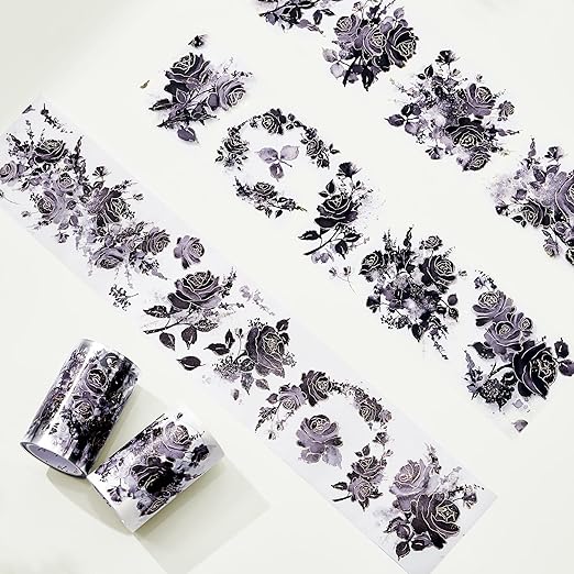 WT Rose Noir Wide PET Tape Gilded,Single Roll,Original Designs,Black Floral Decors,Transparent Clear Adhesive Tape,Gold Foil,Scrapbooks Junk Bujo Journals Planners DIY Crafts Supplies Gifts