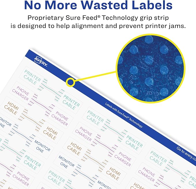 Avery Printable Durable White Barbell Labels, Sure Feed Technology, 0.5" x 2.5", Waterproof Labels, Laser & Pigment-Based Inkjet Compatible, 2250 Total