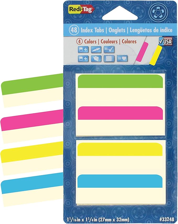 Redi-Tag Write-On Removable Index Tabs, 2 x 11/16 Inches, 48 Tabs per Pack, 4 Assorted Colors, 2-Pack (33248) (RTG33248)