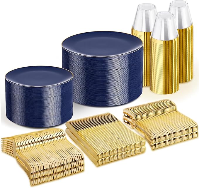 WDF 300PCS Navy Blue Plates Disposable - Blue Plastic Plates 50guest Heavy Duty Plastic Dinnerware Sets for Hanukkah/Party/Wedding/Birthday