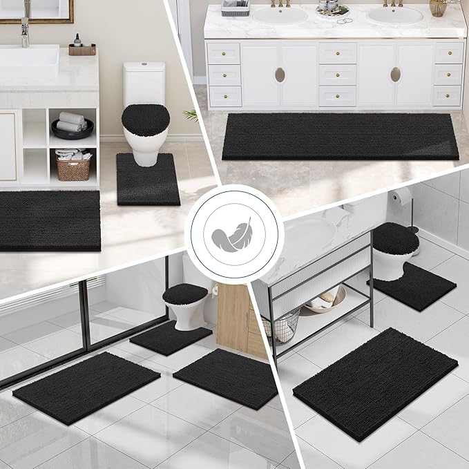 Smiry Luxury Chenille Bathroom Rugs 59x24, Extra Soft and Absorbent Shaggy Bath Mat, Machine Washable, Non-Slip Plush Carpet Runner for Tub, Shower, and Floor, Home Decor Accessories, Black