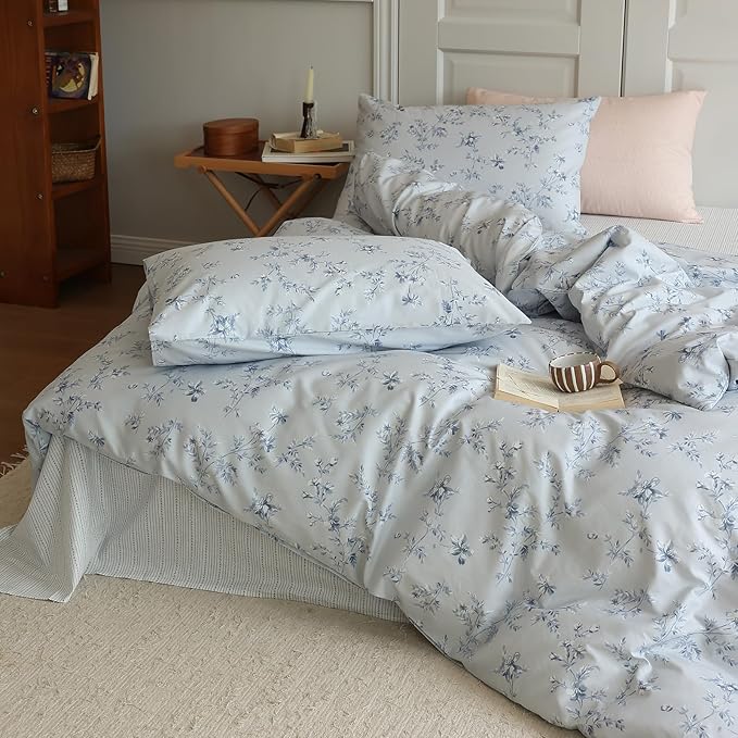Twin Size Duvet Cover Vintage Blue Floral Duvet Cover Boho Coquette Bedding Set Lightweight Cotton Flower Comforter Cover Aesthetic Boho Farmhouse Bedding Flower Duvet Cover Twin