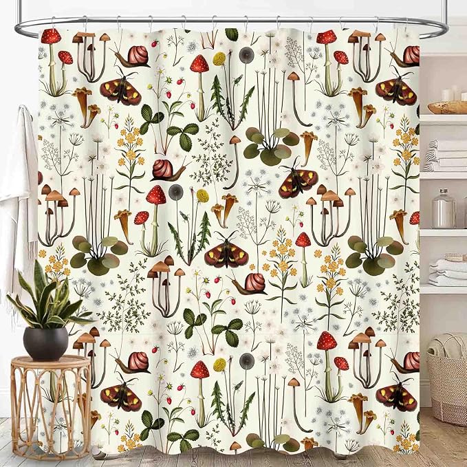 Mushroom Shower Curtain for Bathroom, Farmhouse Country Wild Floral Moth Botanical Mushroom Cottagecore Nature Plants Herbs Waterproof Fabric Shower Curtain Set with Hooks, 72"x84" Inch