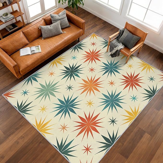 Retro Atomic Rugs for Living Room Decor, 4x5 ft, Mid Century Modern Area Rugs for Bedroom, Soft Non Slip Washable 50s Abstract Geometric Carpet Home Decorations D-g48