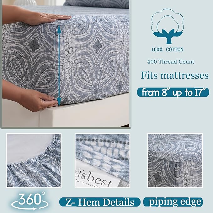 Zusbest King Size Sheets 100% Percale Cotton Grey Bed Sheet Set, Brushed Extra Softness, Breathable Luxury Flannel Like Sheets Modern Classic Navy Printed Deep Pocket Bed Set 17.5'' 4 Pcs