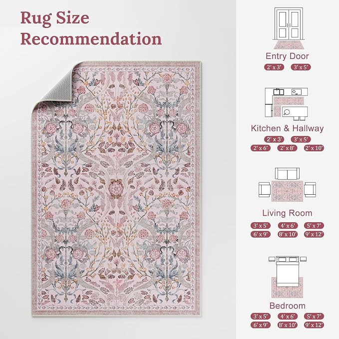 AMTOVO 2x6 Runner Rug for Hallway, Washable Non-Slip Long Kitchen Carpet, Floral Vintage Distressed Floor Mat for Hallways Entryway Living Room Laundry Room Bathroom Farmhouse, Pink