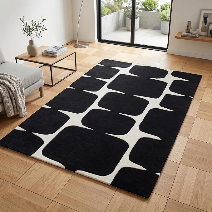 Restoration and Renovation Modern Wool Area Rug - Contemporary Abstract Geometric Design, Thick & Soft Hand-Tufted Carpet - Ideal for Indoor Decor in Living Room, Bedroom (Black, 6' Round)